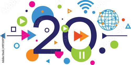 The futuristic design features a large 20 surrounded by colorful geometric shapes and media icons on a white background.
