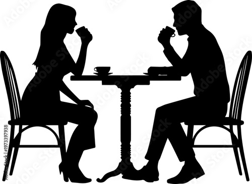 Silhouette of a Couple Sitting at a Cafe Table Drinking Coffee Vector Illustration