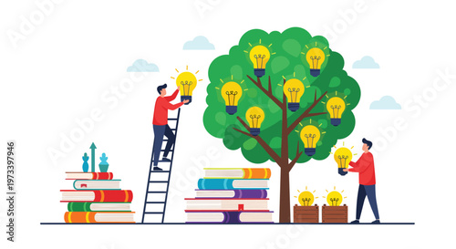 Team of creative workers picking bright idea light bulbs from green tree and placing them in boxes for business project.