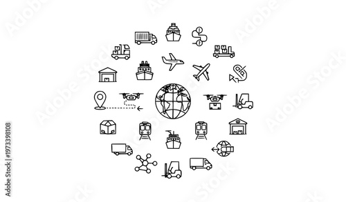 Global shipping and transport line icons with logistics delivery network and mobility outline collection