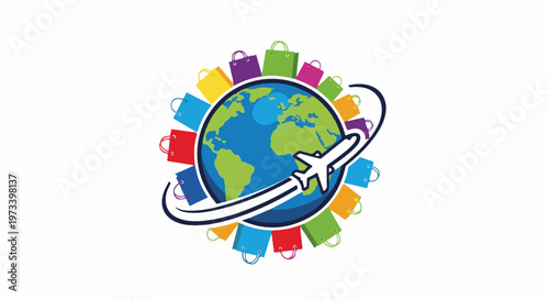 A globe is surrounded by colorful shopping bags and an airplane flies around it