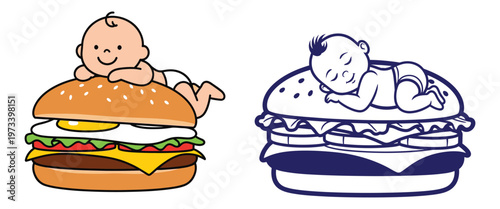 Sleeping baby on giant burger illustration in color and line art styles for fast food humor and creative food concepts.