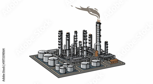Isometric view of an industrial refinery with smoke plumes rising from stacks