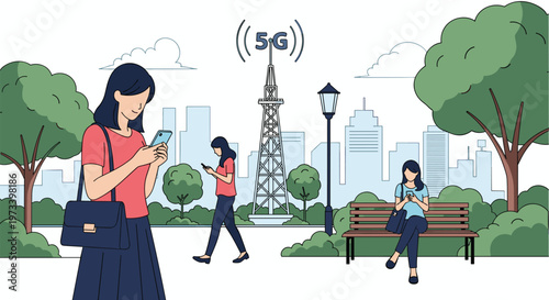 Group of people using smartphones in sunny city park area with high speed 5G telecommunication tower in background.