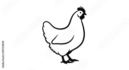 Simple black and white drawing of a hen standing a charming silhouette