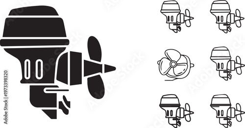 Outboard Boat Motor and Propeller Vector Icons Set