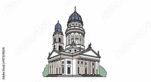 Monumental structure with multiple domes, columns, and statues, set against a white backdrop