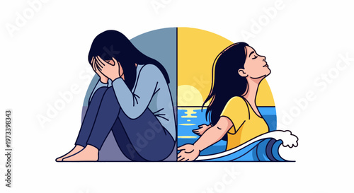 A split image showing a woman in despair contrasted with another in serene joy by the ocean
