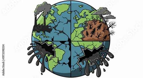 The planet Earth is depicted cracked, showing pollution from factories, deforestation, and oil spills