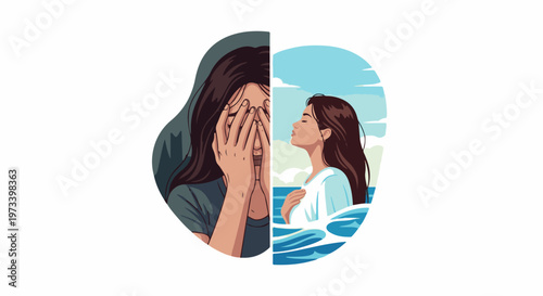 Split image a woman in despair contrasted with one finding peace by the sea