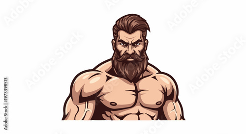 A pixelated cartoon illustration of a muscular man with a beard and intense stare