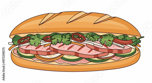 A delicious baguette sandwich filled with grilled meat, fresh greens, cucumber, and chili peppers