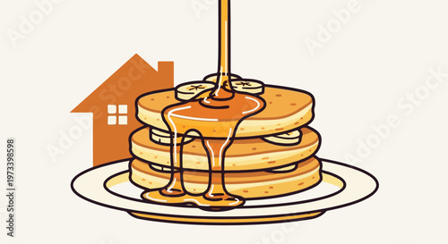 A stack of fluffy pancakes topped with sliced bananas and drizzled with golden syrup, beside an orange house icon