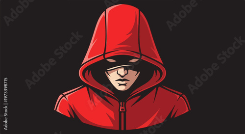 Anonymous figure in a red hooded jacket with dark eyes against a black background