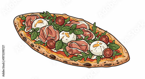 Oval pizza with prosciutto, burrata, arugula, and cherry tomatoes