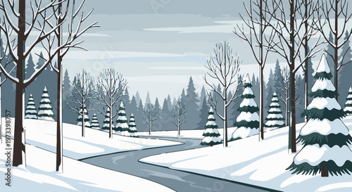 A winding snowy path through a frosted forest under a pale, overcast sky