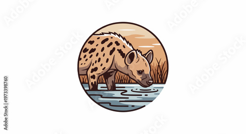 Spotted mammal drinks from water with reeds and sunset background