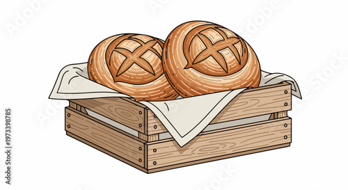 Rustic wooden crate overflowing with two artisan loaves of bread, lined with cloth