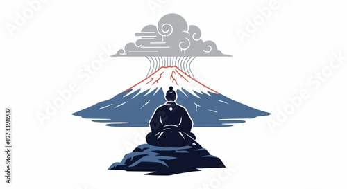 A solitary figure meditates before a majestic snow-capped mountain under a stormy sky