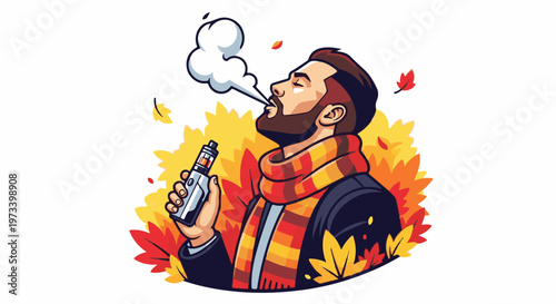 Bearded man with scarf exhales vapor surrounded by autumn leaves