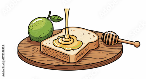 A slice of bread is topped with dripping honey, accompanied by a lime and a honey dipper