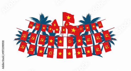 Red and yellow flags with stars and hammers and sickles, draped over blue palm fronds