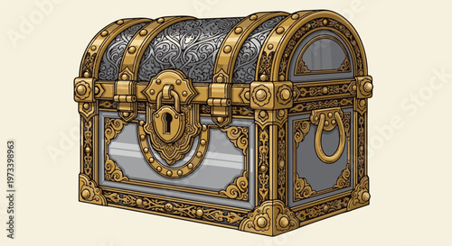 An ornate, antique-style treasure chest with intricate gold embellishments and a prominent lock