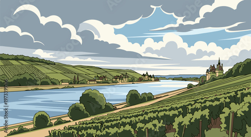 A picturesque river scene with rolling vineyards, a village, and a castle under a cloudy sky