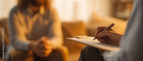Therapist taking notes during a counseling session in cozy office