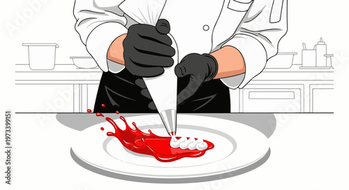 Chef decorates a plate with whipped cream and red sauce from a piping bag