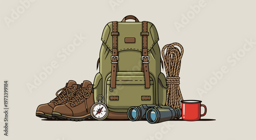 Backpack, boots, rope, compass, binoculars, and mug for outdoor adventure