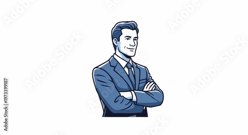 Confident man in a blue suit, arms crossed, smiling