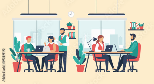 People working together at desks in a modern office with city views