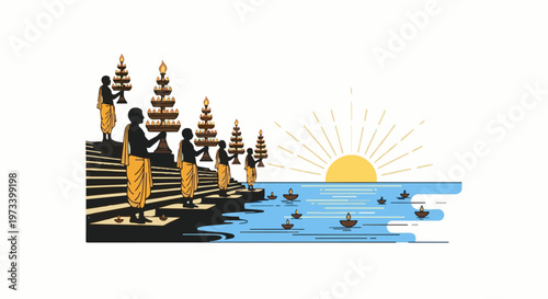 Monks with lamps at sunrise by the water