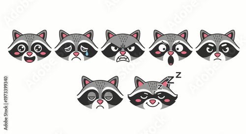 Cute raccoon faces expressing various emotions, from happy to angry and sleepy