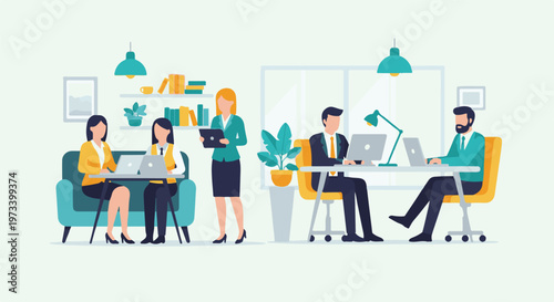 Business professionals collaborate in a modern office setting, working on laptops and interacting