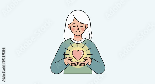 Woman holding glowing heart with peaceful expression