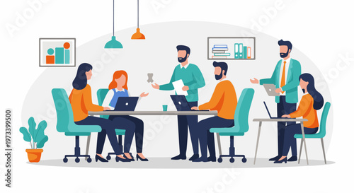 Diverse team collaborates around a table with laptops, a whiteboard, and a potted plant