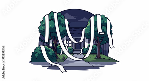 A suburban house is pranked with toilet paper draped over trees and the entrance