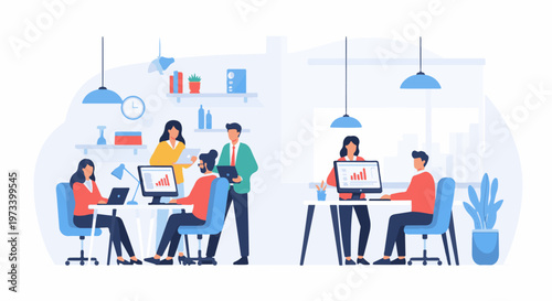 Diverse group collaborating and working on computers in a modern office