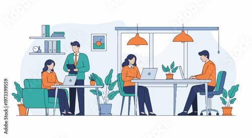 Modern office scene with people working on laptops and a manager overseeing