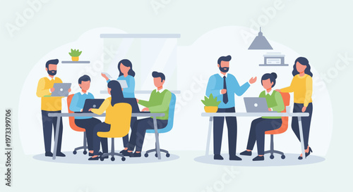 Colleagues collaborate around tables with laptops, discussing projects in a modern office