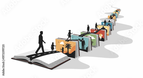 An open book begins a winding path of illustrated stories with silhouetted figures traversing them
