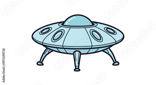 Classic blue metal UFO or flying saucer spaceship with glass dome and landing legs isolated on white background.