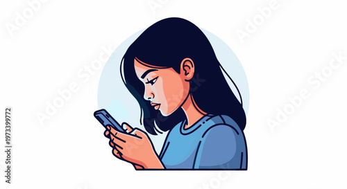 Stylized portrait of a young woman engrossed in her smartphone, side profile