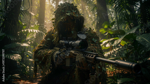 An elite military operative, perfectly hidden by an elaborate ghillie suit, meticulously aims a high-powered sniper rifle with a sophisticated scope, embodying covert tactics and silent precision