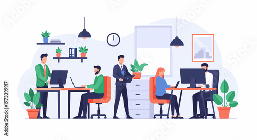 Modern office scene with people working at desks and plants (1)