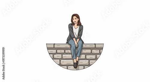 A person sits on a textured brick wall, smiling with a relaxed posture