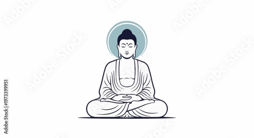 Stylized illustration of a meditating figure with a serene expression and halo