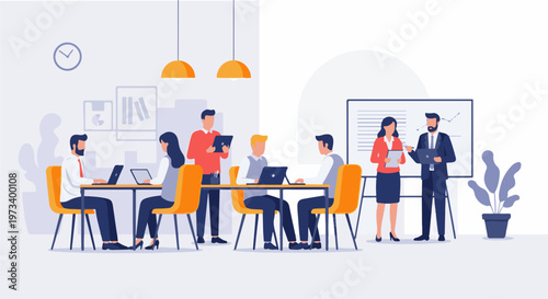 Diverse professionals collaborate in a modern office setting, presenting data and ideas